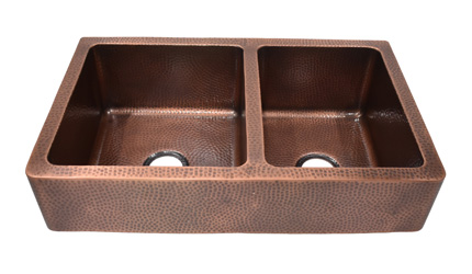 33 Inch Copper Farmhouse Hammered Sink 60/40 Double Bowl in Copper Antique Finish