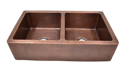 36 Inch Copper Farmhouse Sink 50-50 Double Bowl Hammered copper Antique